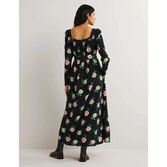Boden Womens Dress EU 12R US 8 R Maxi Black Floral Pleated Long Sleeve D0390 NWT - Picture 3 of 14